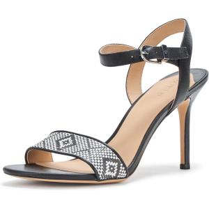 imageLauren Ralph Lauren Womens Gwen Nappa Leather ampamp Woven Straw Sandal HeeledBlackCreamBlack