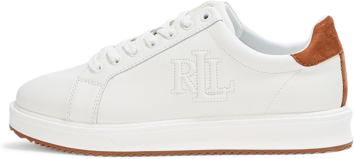 imageLauren Ralph Lauren Womens Ainsley TwoTone Leather ampamp Suede SneakerSnow WhiteLauren Tan