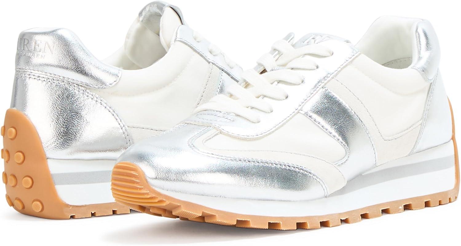 imageLauren Ralph Lauren Womens Dani Metallic Leather ampamp Suede SneakerSnw WhtBiancoPlshd Silver