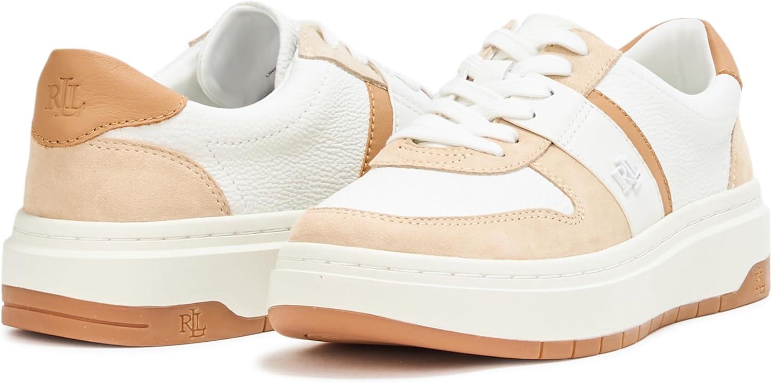 imageLauren Ralph Lauren Womens Harlie ColorBlocked Leather SneakerSnow WhiteSand DuneBuff