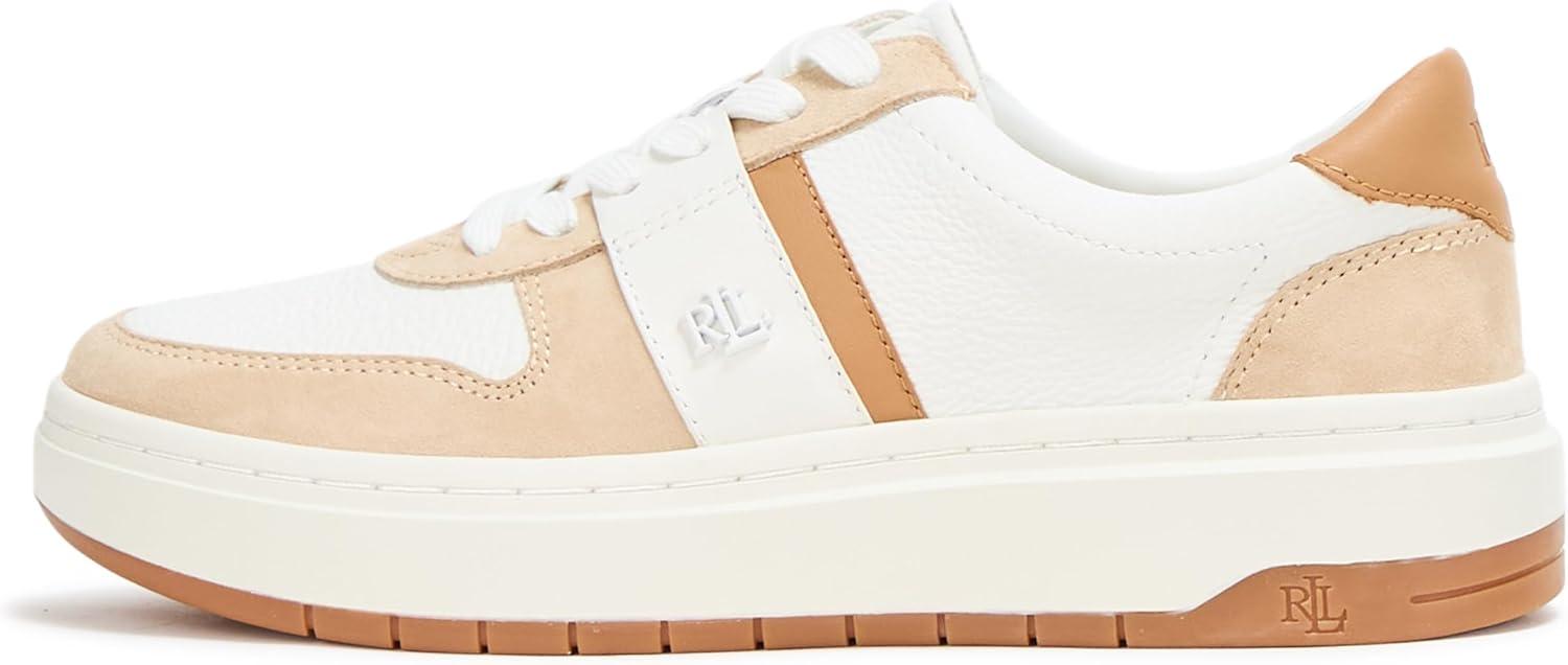imageLauren Ralph Lauren Womens Harlie ColorBlocked Leather SneakerSnow WhiteSand DuneBuff