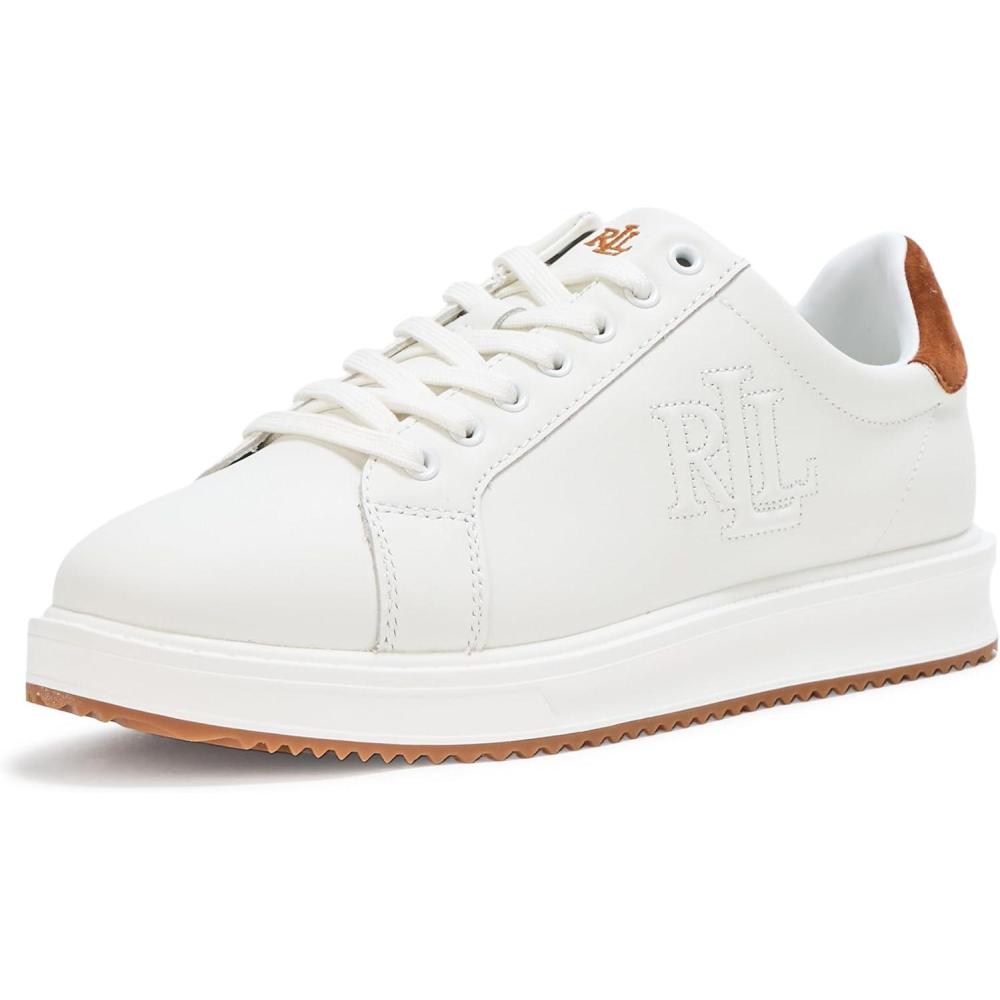 imageLauren Ralph Lauren Womens Ainsley TwoTone Leather ampamp Suede SneakerSnow WhiteLauren Tan